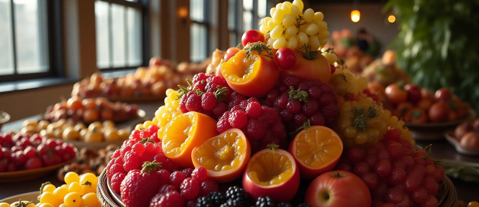 A luxury multi-tiered seasonal fruit display at a high-end Brooklyn event