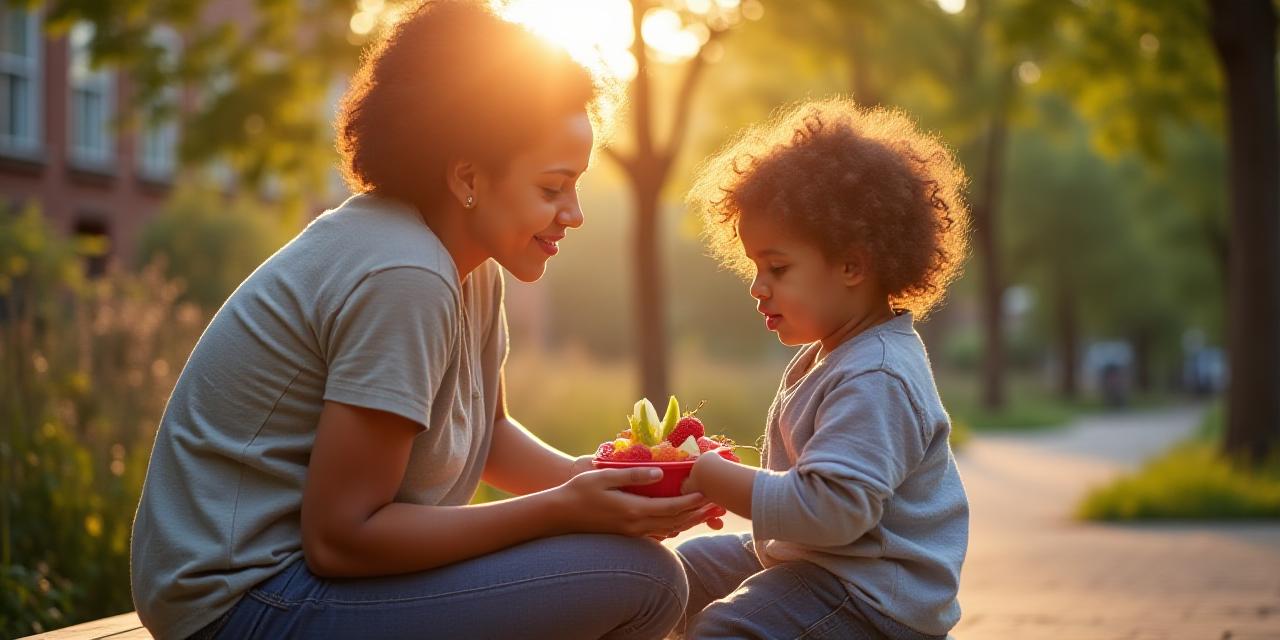 A happy Brooklyn family sharing fresh fruit snacks outdoors