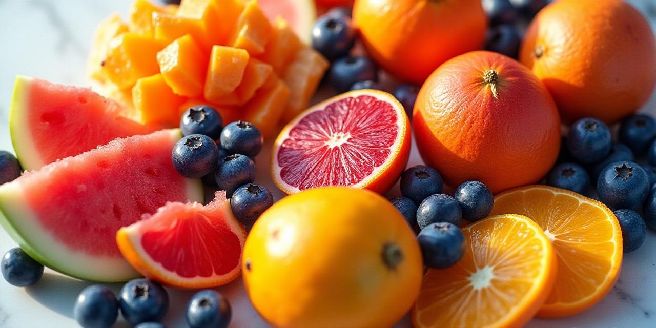 A vibrant display of fresh Brooklyn seasonal fruits including berries, citrus, and melon