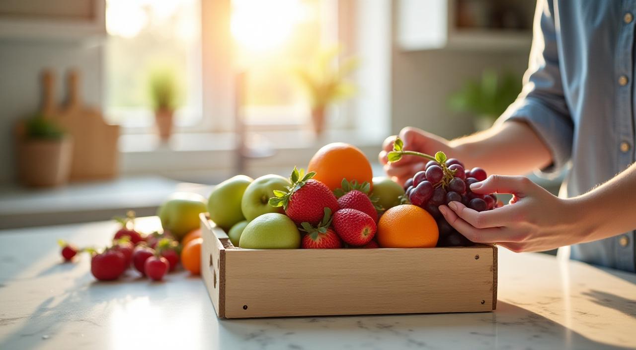 A happy family in a modern Brooklyn kitchen unpacking a rustic wooden box filled with vibrant organic strawberries, apples, and citrus.