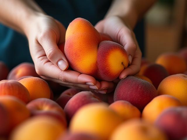 Hands sorting fresh organic peaches