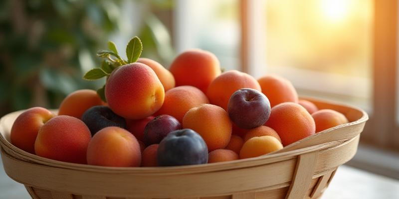 Seasonal peaches and plums in a wooden basket