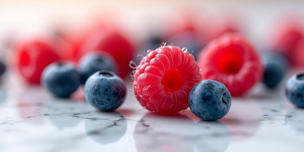 Close-up of fresh, dewy organic raspberries and blueberries on a light background